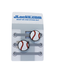 Baseball-themed shoe lace ends with JLocks.com branding on a gray card.