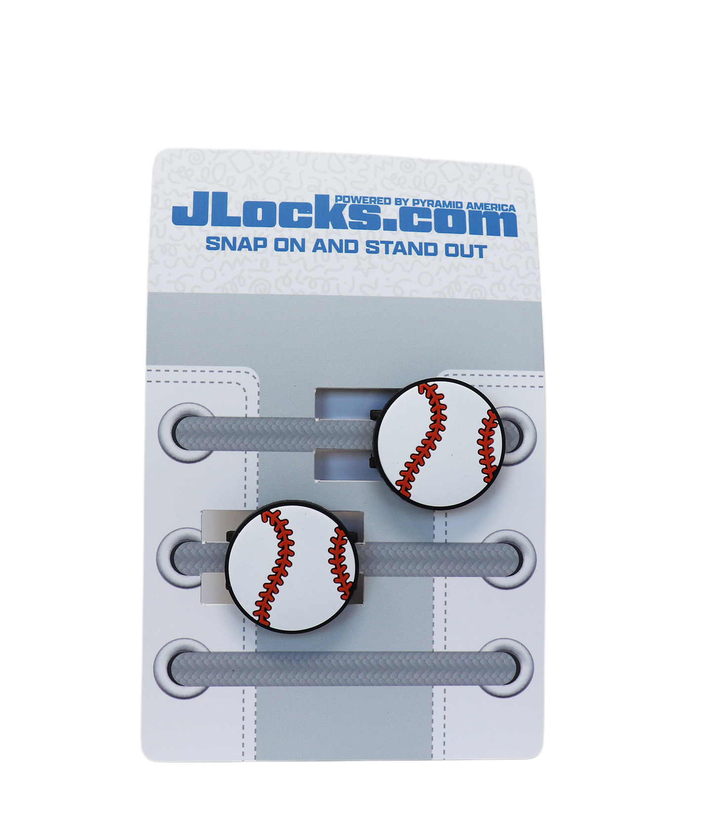 Baseball-themed shoe lace ends with JLocks.com branding on a gray card.