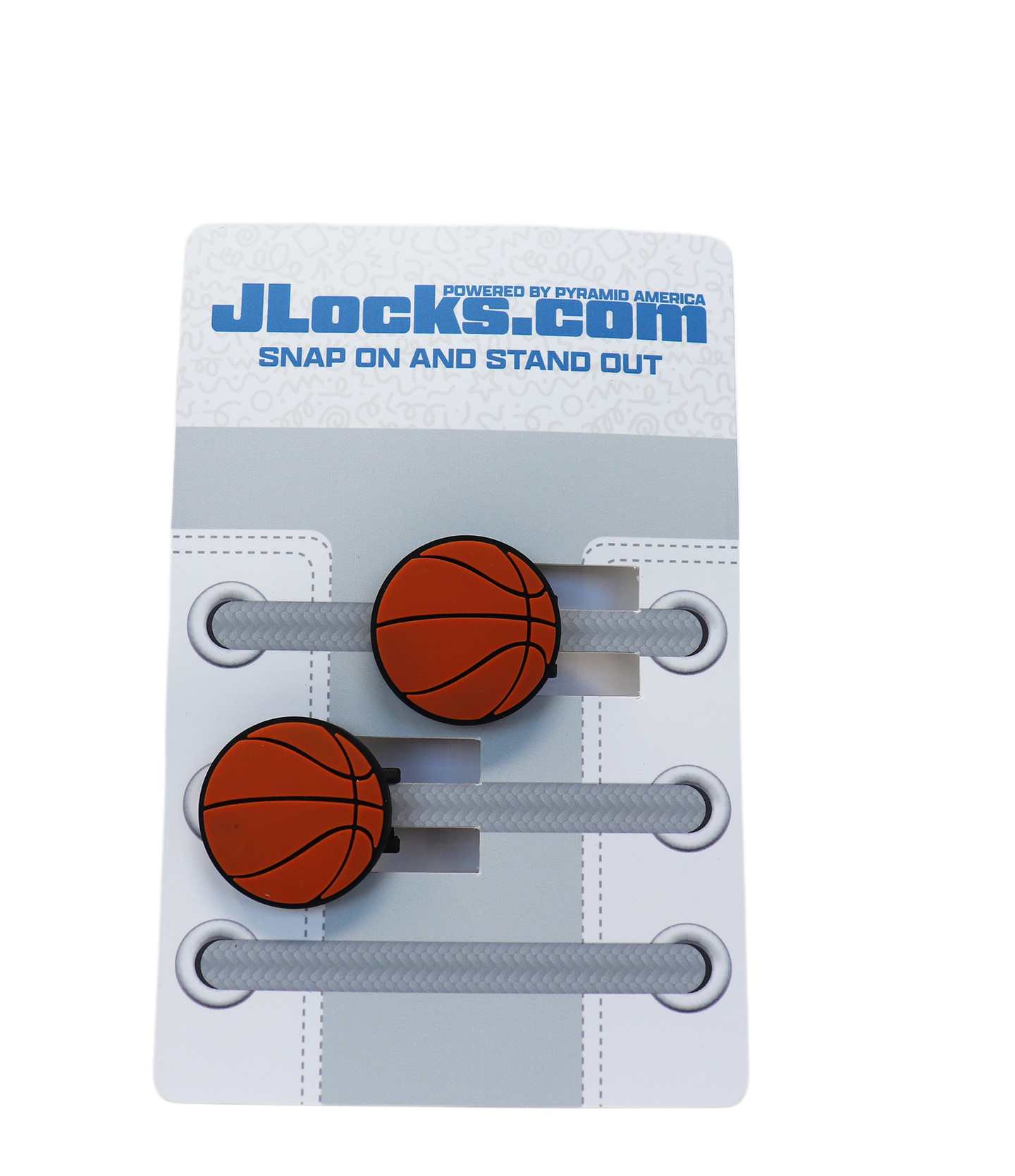 Basketball-themed shoe lace ends on a JLocks.com packaging with a white background