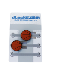 Basketball-themed shoe lace ends on a JLocks.com packaging with a white background