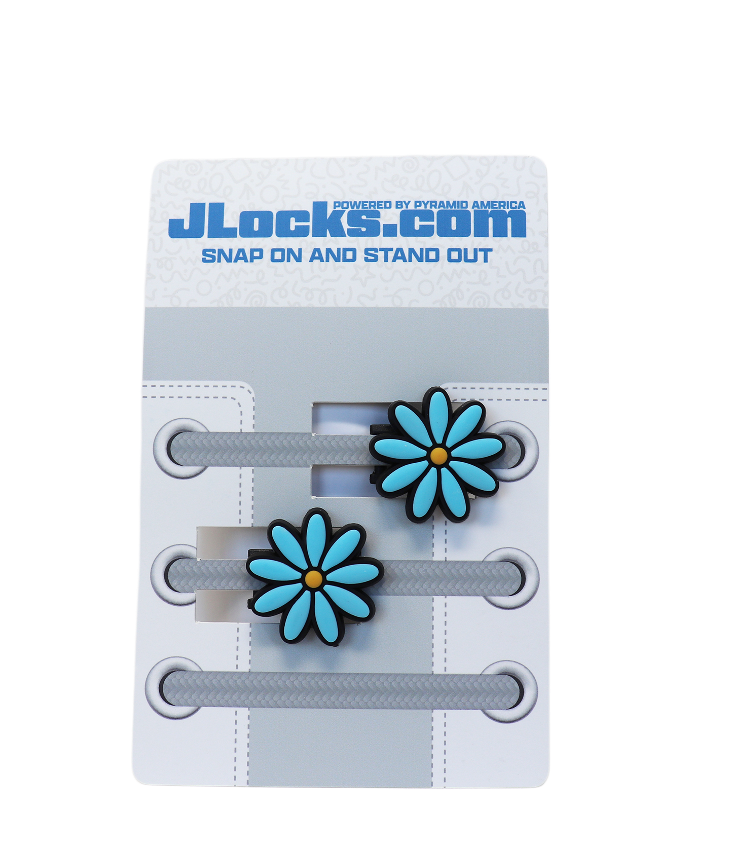 Flower-shaped shoe lace locks on a JLocks.com branded card with a white background