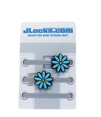 Flower-shaped shoe lace locks on a JLocks.com branded card with a white background