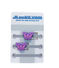Butterfly-shaped purple shoelace clips on a JLocks.com branded card.