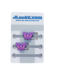 Butterfly-shaped purple shoelace clips on a JLocks.com branded card.