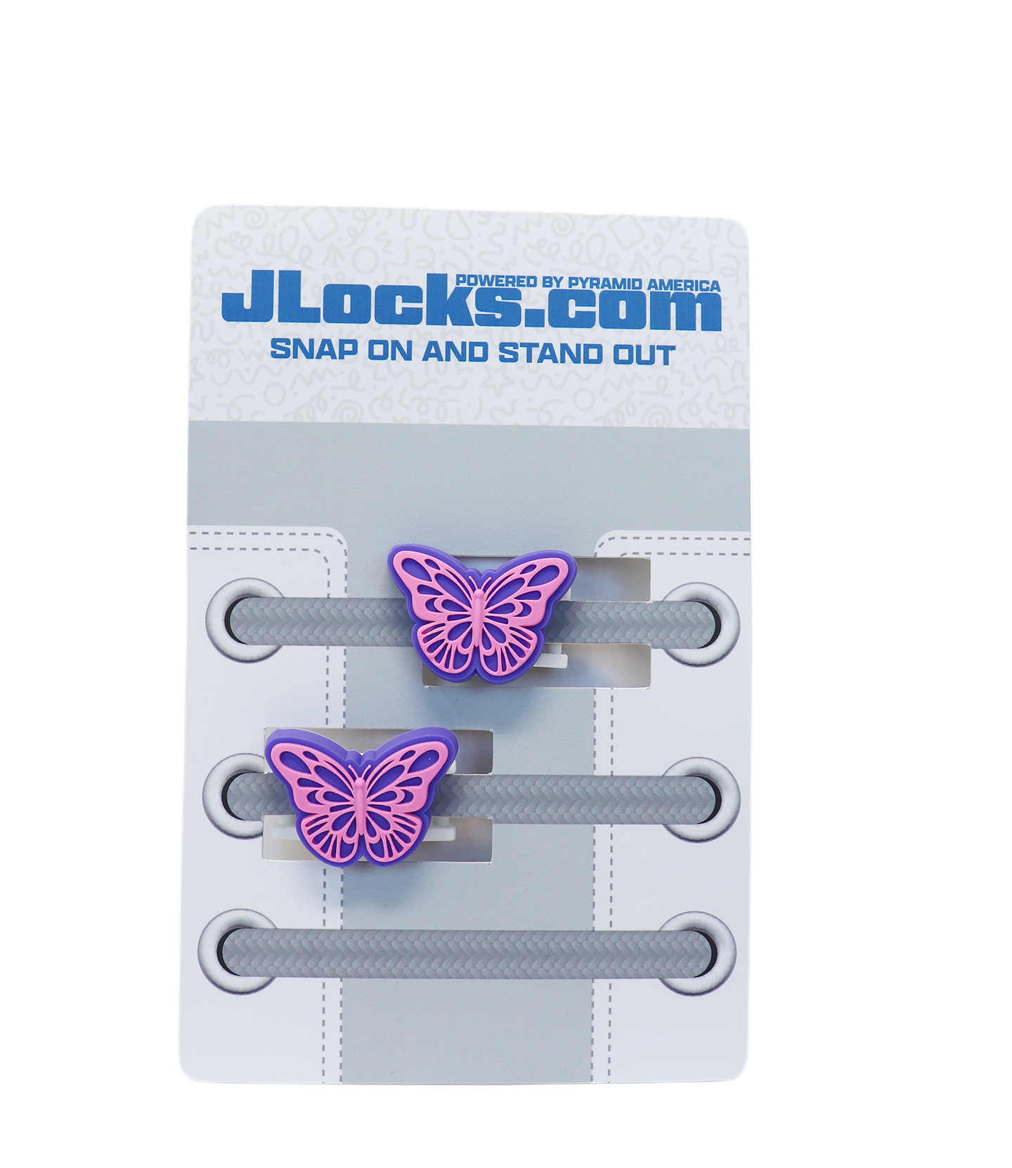 Butterfly-shaped purple shoelace clips on a JLocks.com branded card.