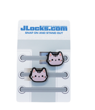 Cat-themed shoelace ends with JLocks.com branding on a white background