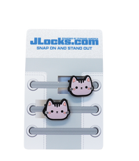 Cat-themed shoelace ends with JLocks.com branding on a white background