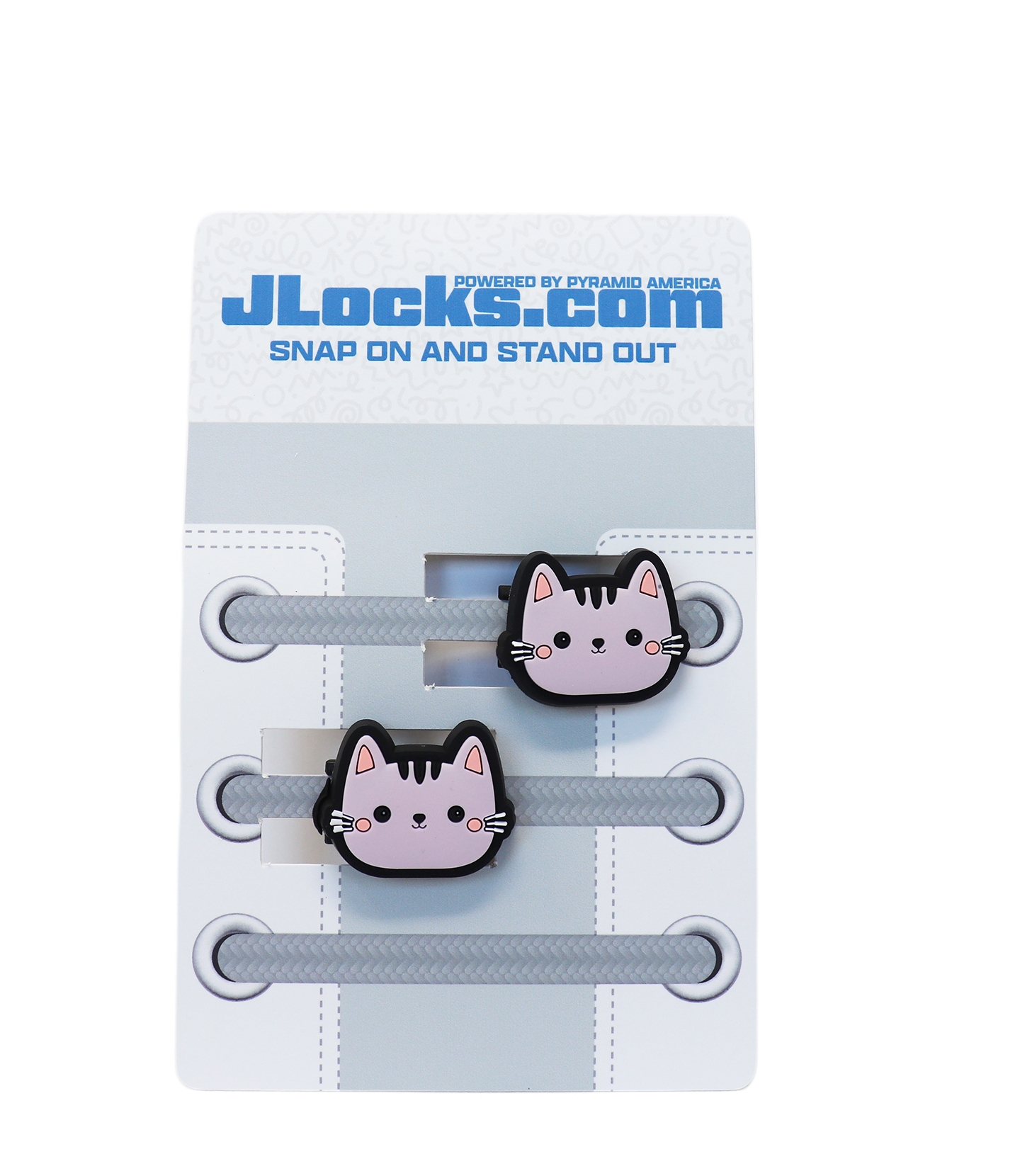 Cat-themed shoelace ends with JLocks.com branding on a white background