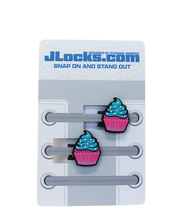 JLocks.com cupcake-shaped shoe lace holders on a gray card with brand name.