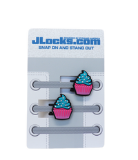 JLocks.com cupcake-shaped shoe lace holders on a gray card with brand name.
