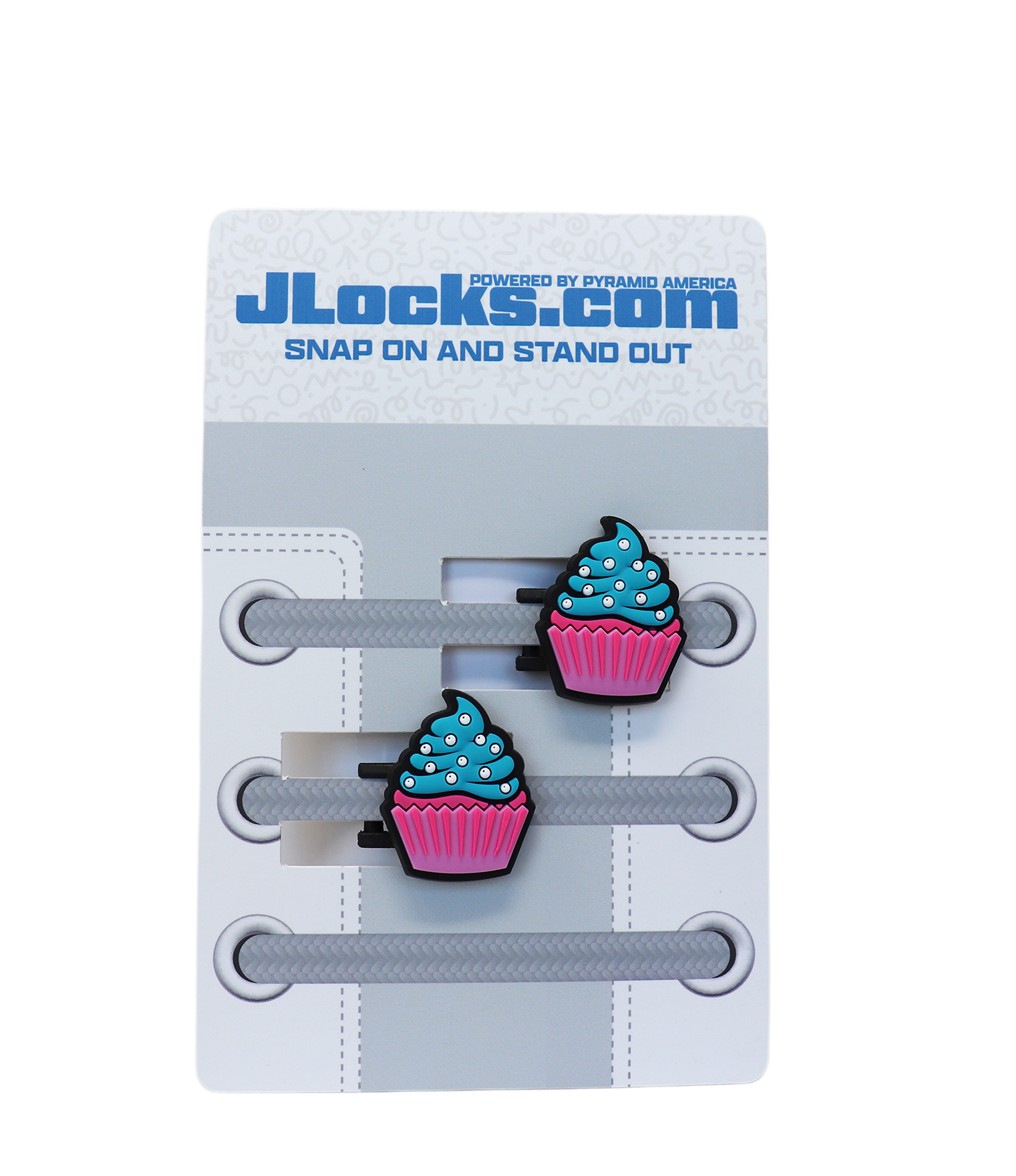 JLocks.com cupcake-shaped shoe lace holders on a gray card with brand name.