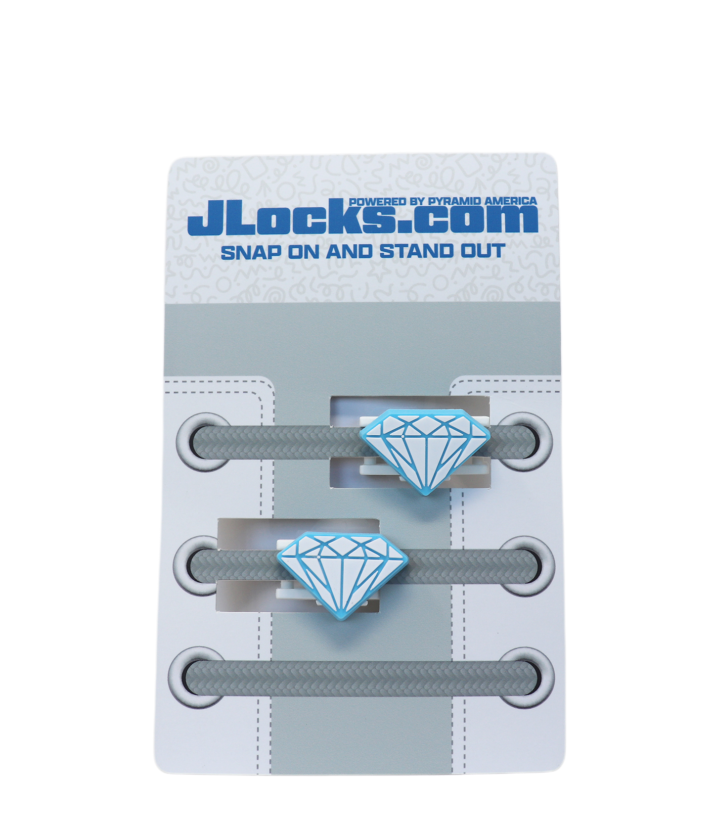 Gray shoelaces with diamond-shaped lace locks on a JLocks.com branded card.