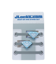 Gray shoelaces with diamond-shaped lace locks on a JLocks.com branded card.