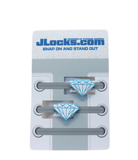 Gray shoelaces with diamond-shaped lace locks on a JLocks.com branded card.