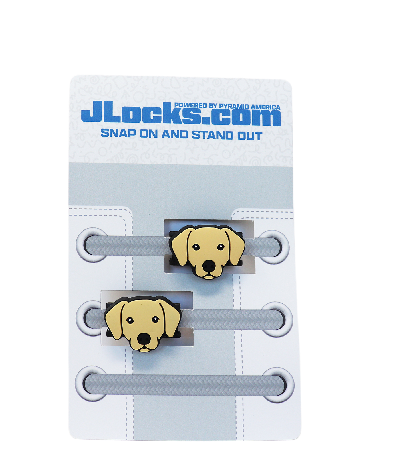 Dog-themed shoelace locks on a branded package with 'JLocks.com' branding.