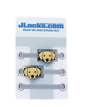 Dog-themed shoelace locks on a branded package with 'JLocks.com' branding.