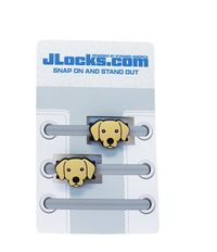 Dog-themed shoelace locks on a branded package with 'JLocks.com' branding.