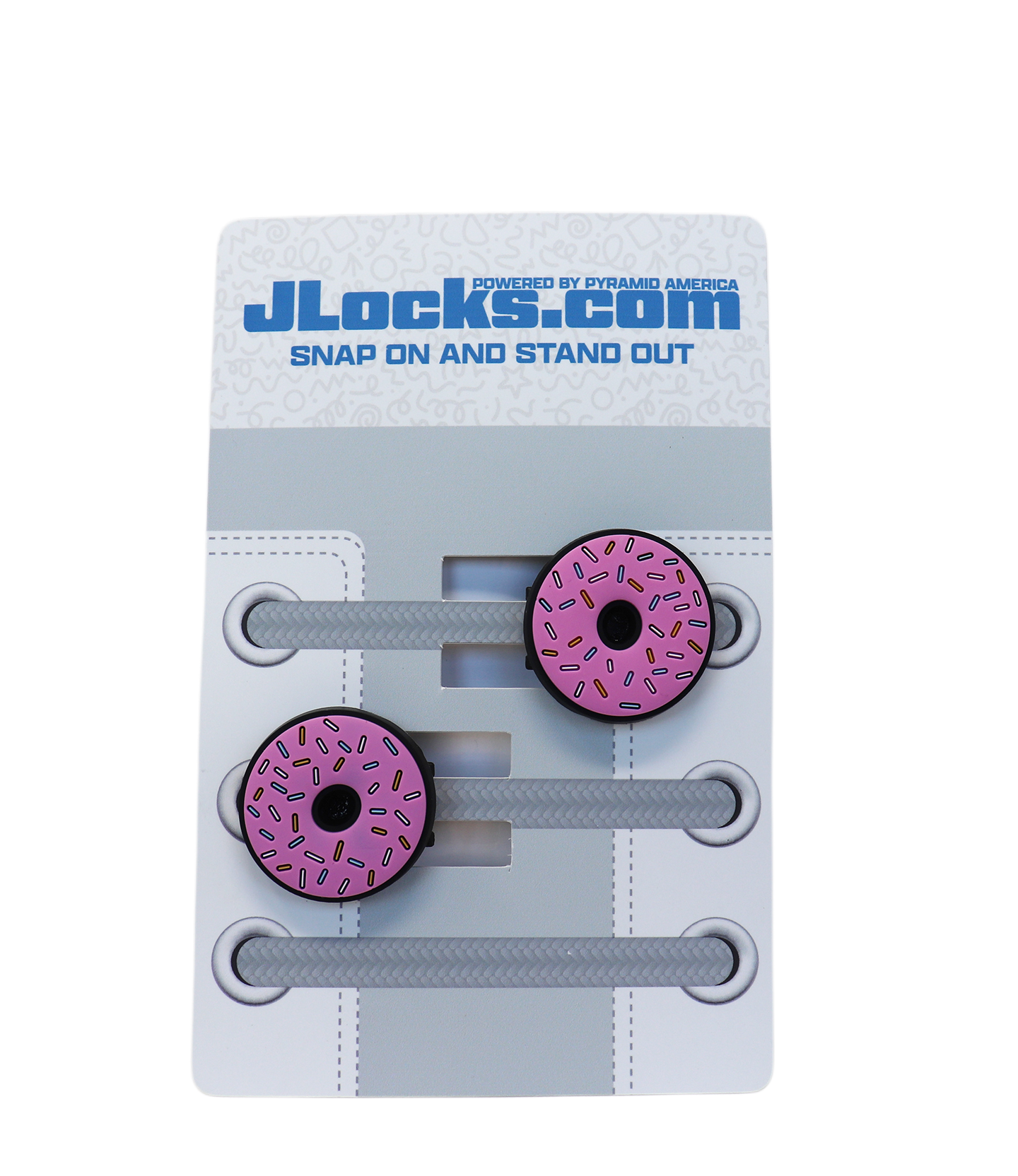 Pink donut-shaped shoe lace locks on a JLocks.com branded card with gray shoelaces.