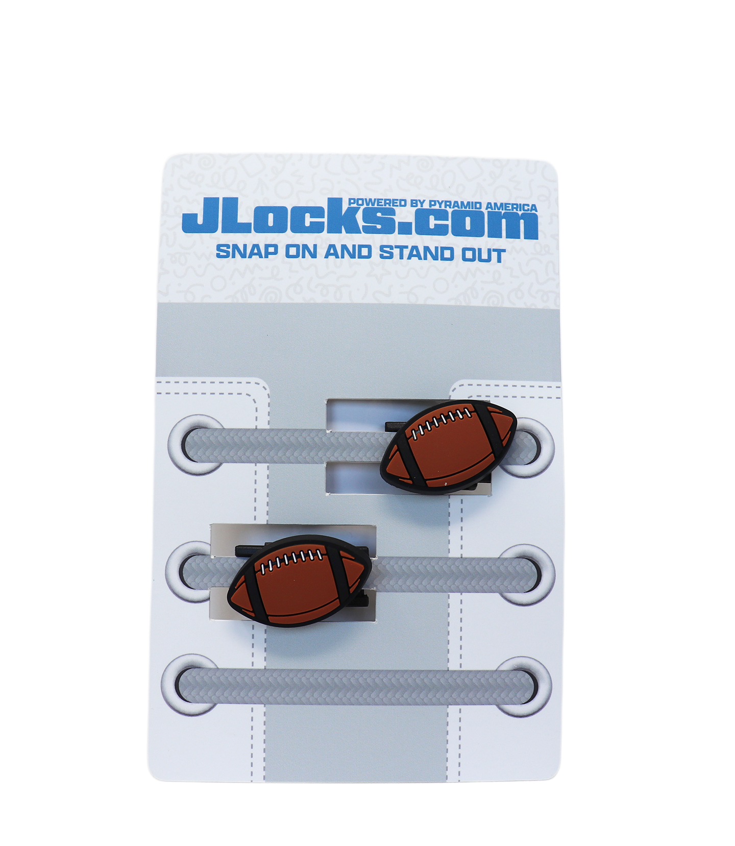 JLocks shoe lace extensions with football designs on a branded card.