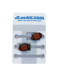 JLocks shoe lace extensions with football designs on a branded card.
