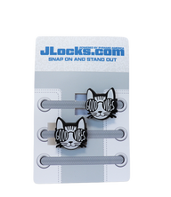 Cat-shaped shoe lace holders with 'Good Vibes' text on a JLocks.com branded card.