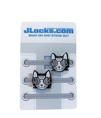 Cat-shaped shoe lace holders with 'Good Vibes' text on a JLocks.com branded card.
