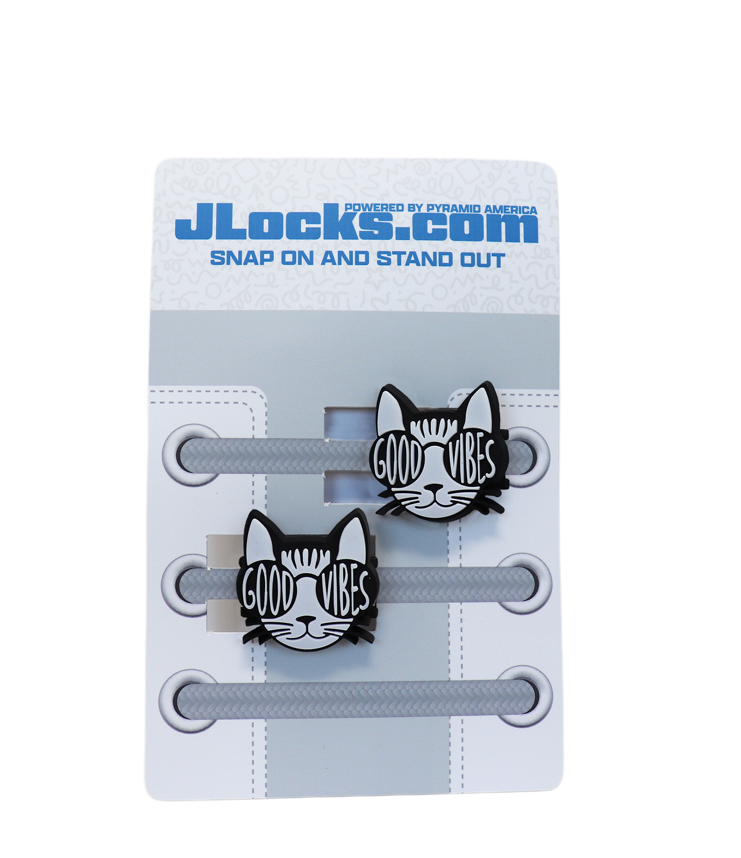 Cat-shaped shoe lace holders with 'Good Vibes' text on a JLocks.com branded card.