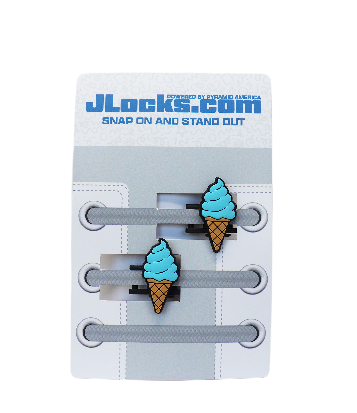 Ice cream cone-shaped shoe lace clips on a JLocks.com branded card.