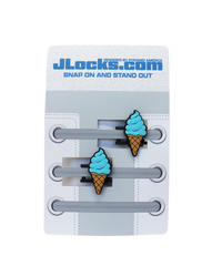 Ice cream cone-shaped shoe lace clips on a JLocks.com branded card.
