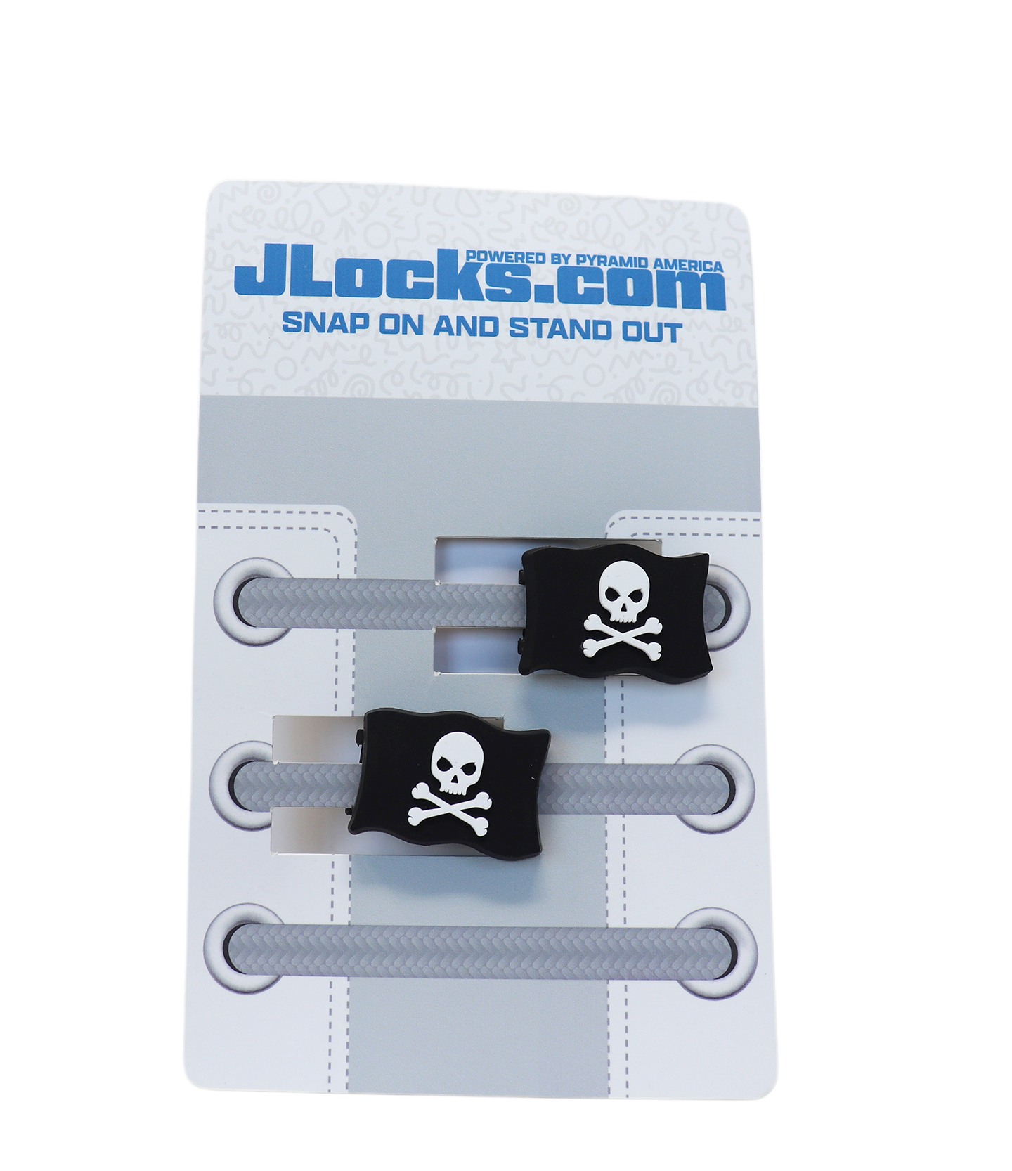 JLocks.com hair tie packaging with skull and crossbones design on a white background