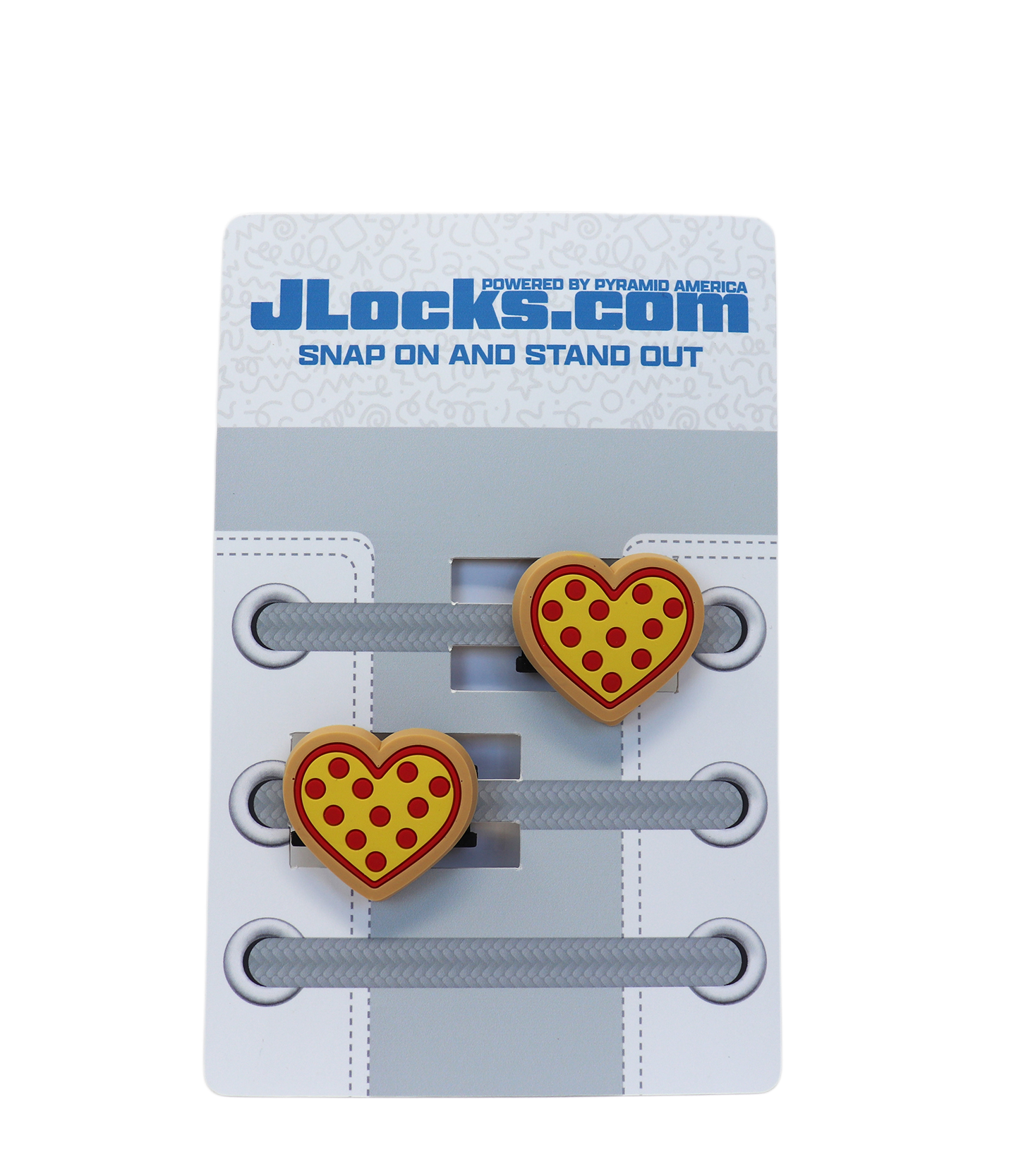 Heart-shaped pizza-themed shoelace clips on JLocks.com packaging