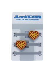 Heart-shaped pizza-themed shoelace clips on JLocks.com packaging