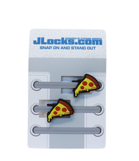 Pizza-themed shoe lace clips on a JLocks.com branded card.