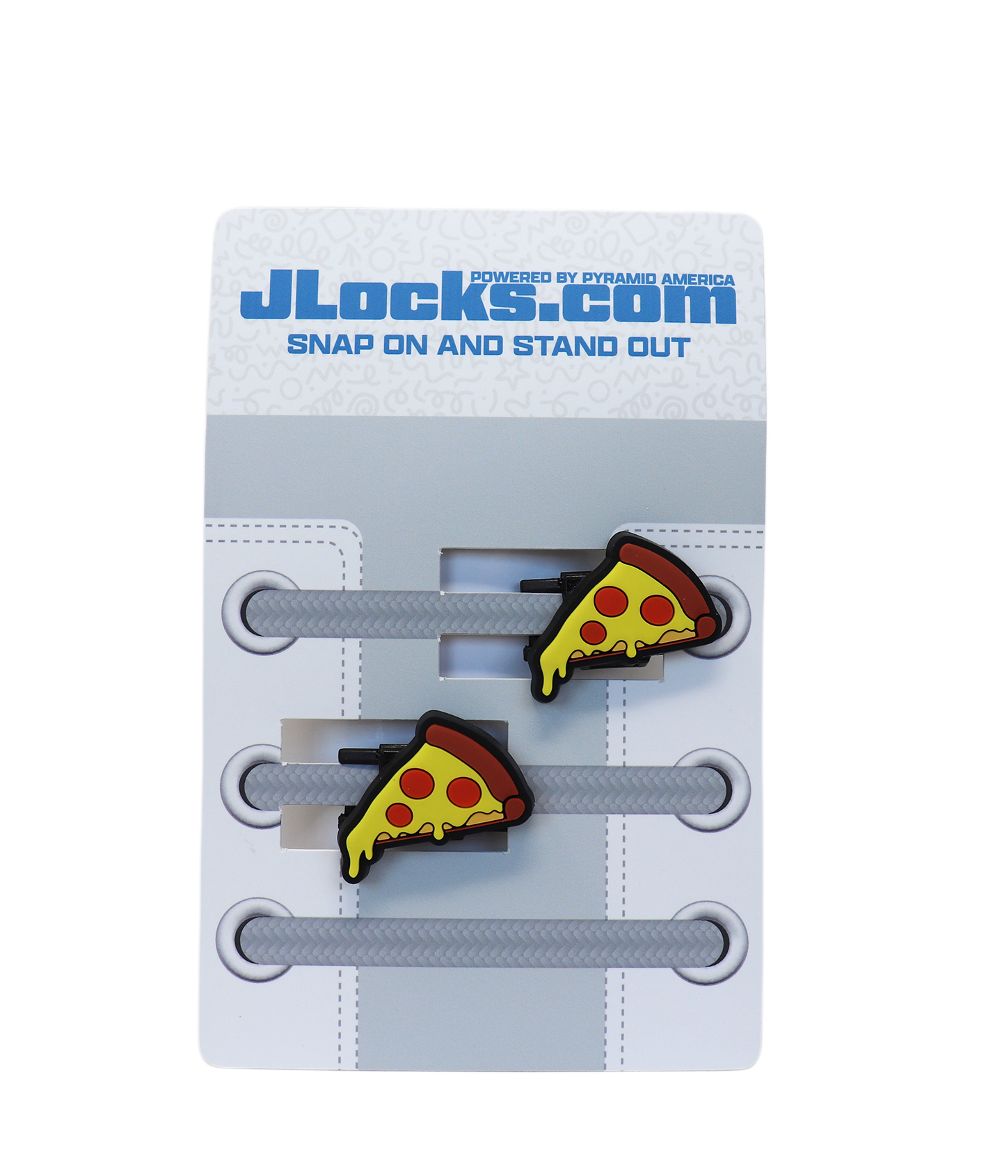 Pizza-themed shoe lace clips on a JLocks.com branded card.