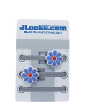 Flower-shaped shoe lace ends with 'JLocks.com' branding on a white background
