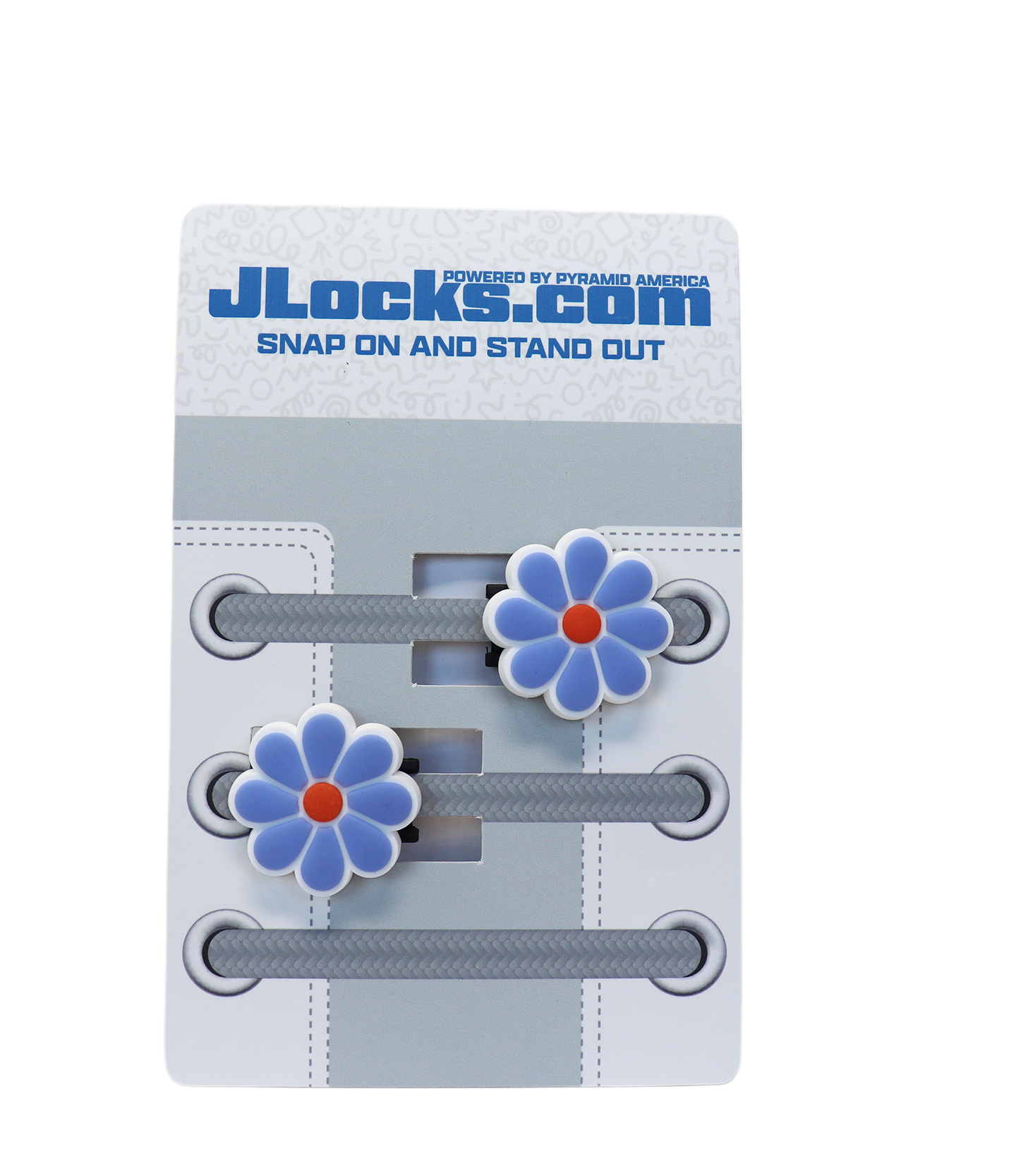 Flower-shaped shoe lace ends with 'JLocks.com' branding on a white background