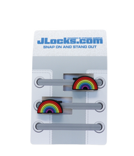 JLocks rainbow shoe lace locks on a branded card with JLocks.com branding.