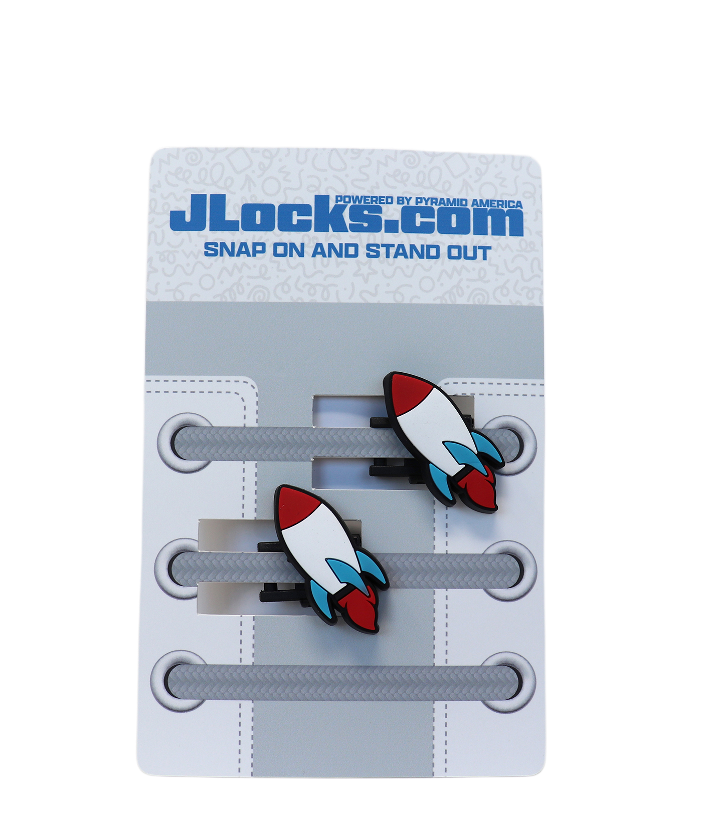 Shoe lace clips with rocket design on a JLocks.com branded card.