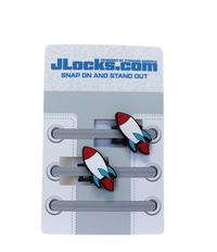 Shoe lace clips with rocket design on a JLocks.com branded card.