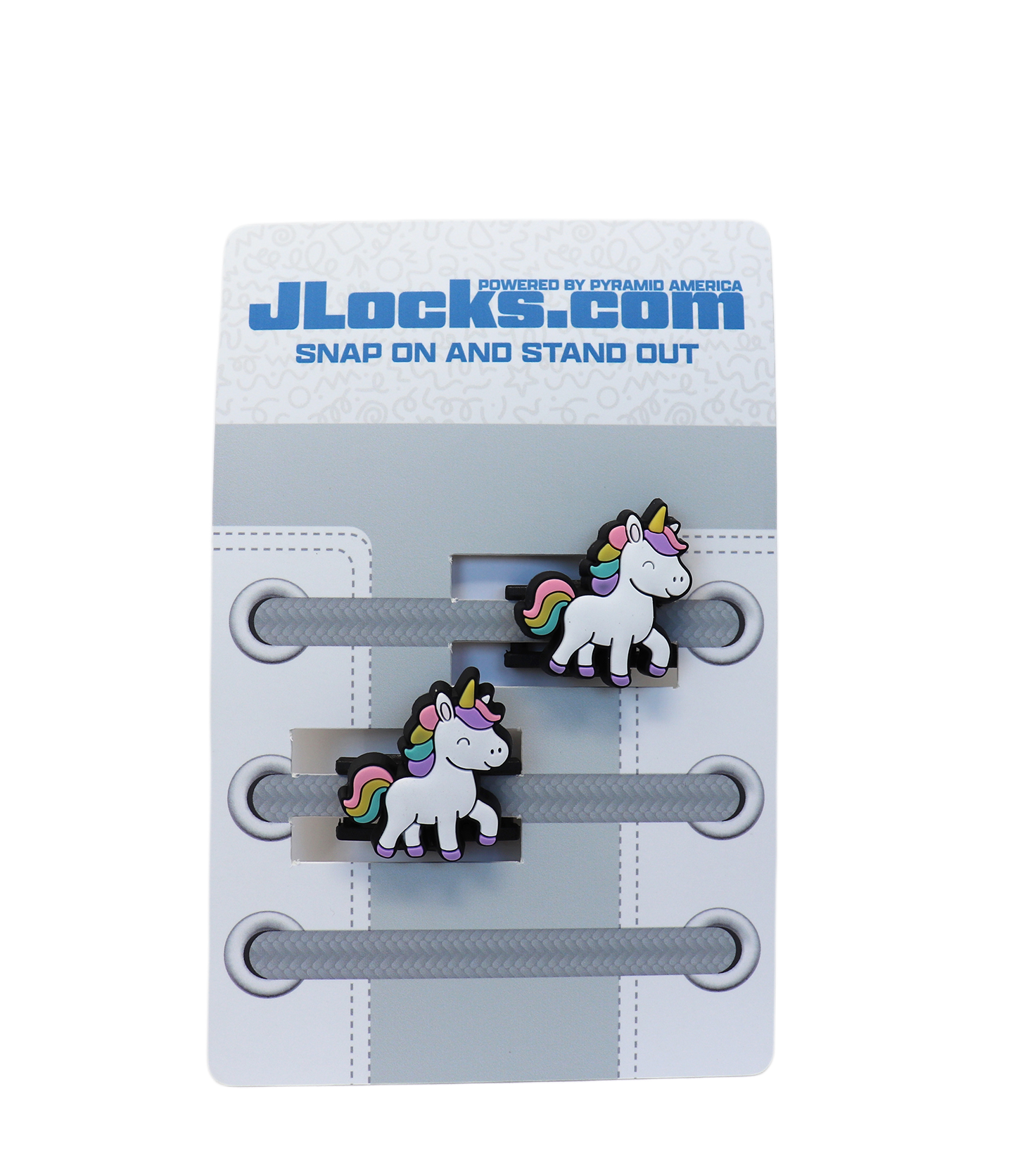 Unicorn-themed shoelace clips on JLocks.com packaging