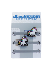 Unicorn-themed shoelace clips on JLocks.com packaging