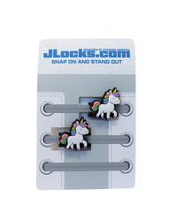 Unicorn-themed shoelace clips on JLocks.com packaging