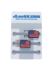 JLocks.com packaging with American flag-themed shoe ties on a white background