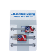 JLocks.com packaging with American flag-themed shoe ties on a white background