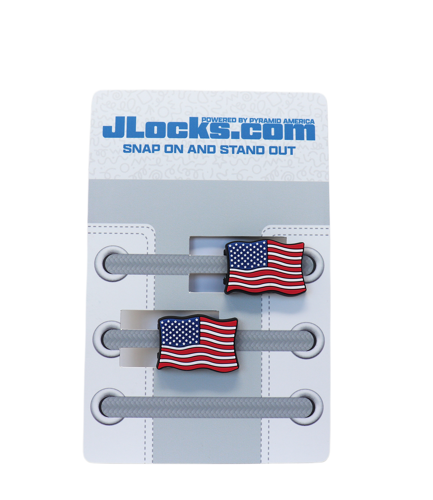 JLocks.com packaging with American flag-themed shoe ties on a white background